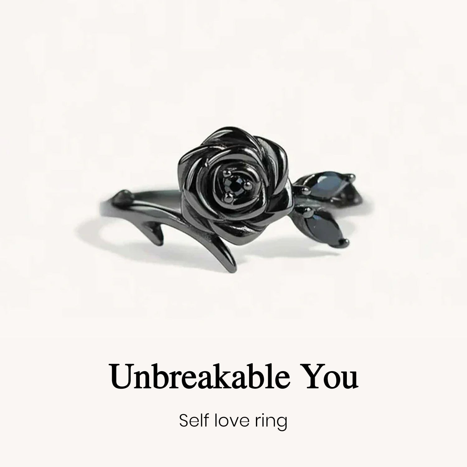 Black Rose Ring with Leaf Wrap Design and Black CZ Stones