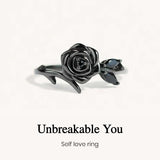 Black Rose Ring with Leaf Wrap Design and Black CZ Stones