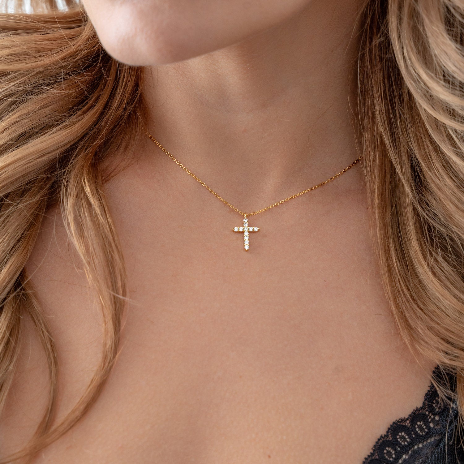 Pave Cross Pendant Necklace worn
