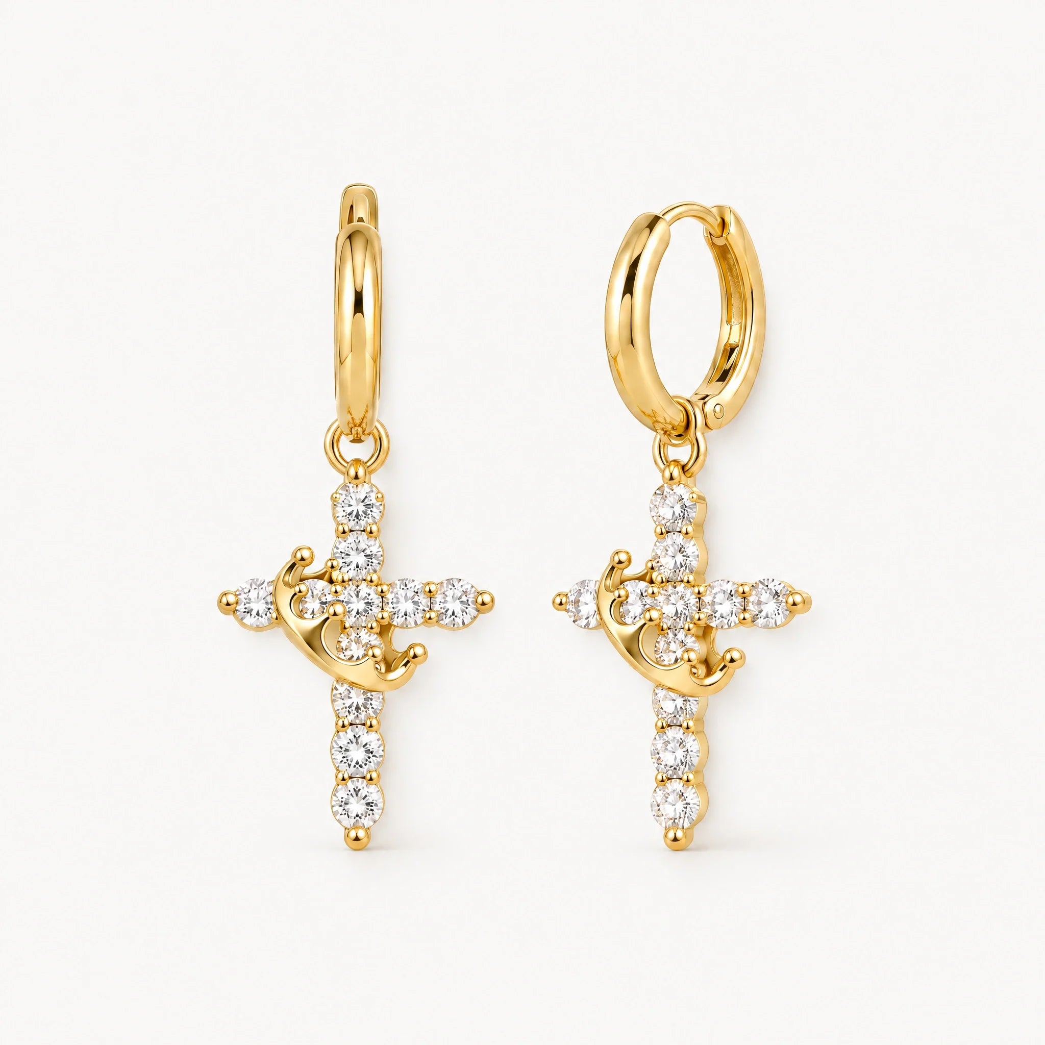 Cross Drop Earrings with Crown Detail on Huggie Hoops