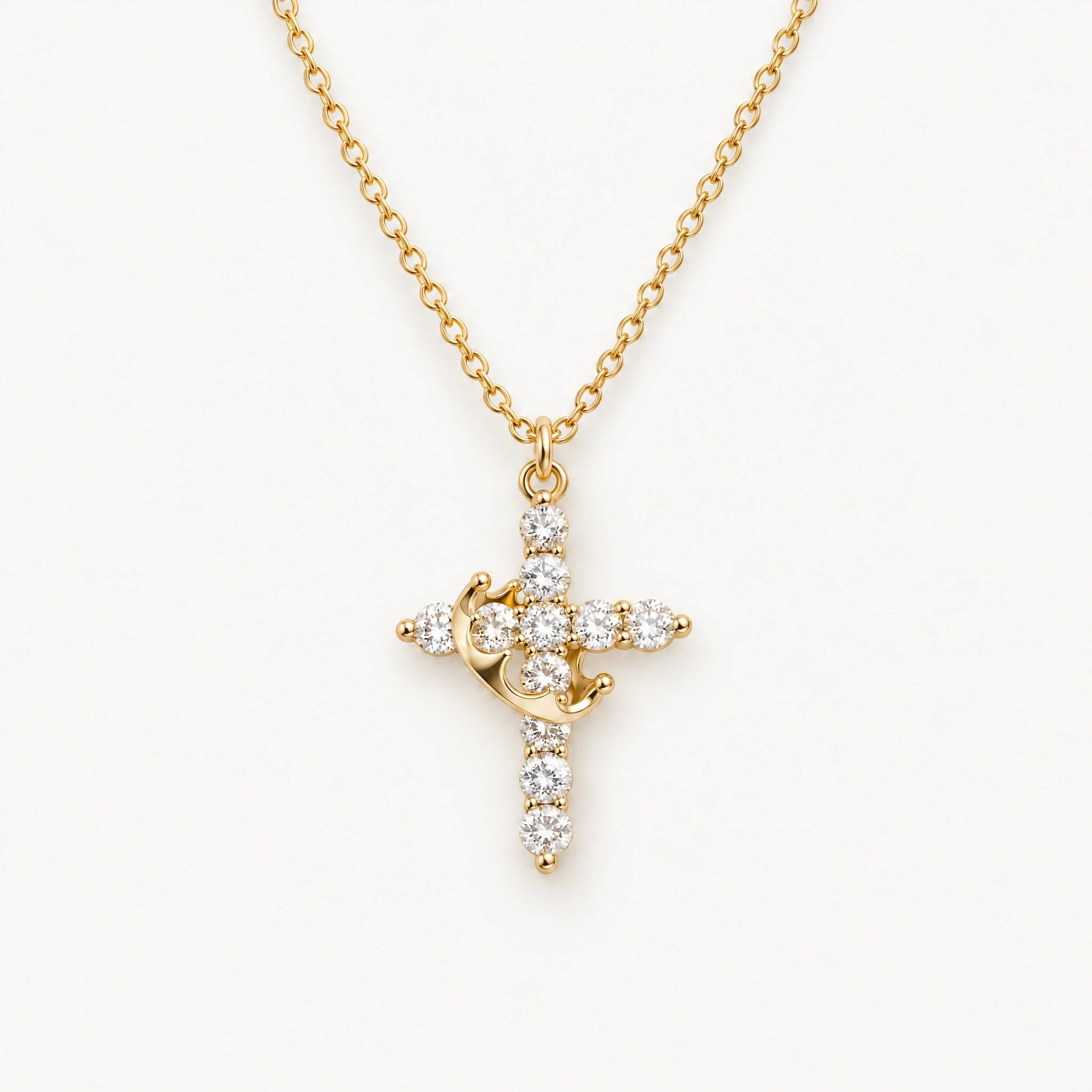 Cross Necklace with Crown Detail and Sparkling CZ Stones
