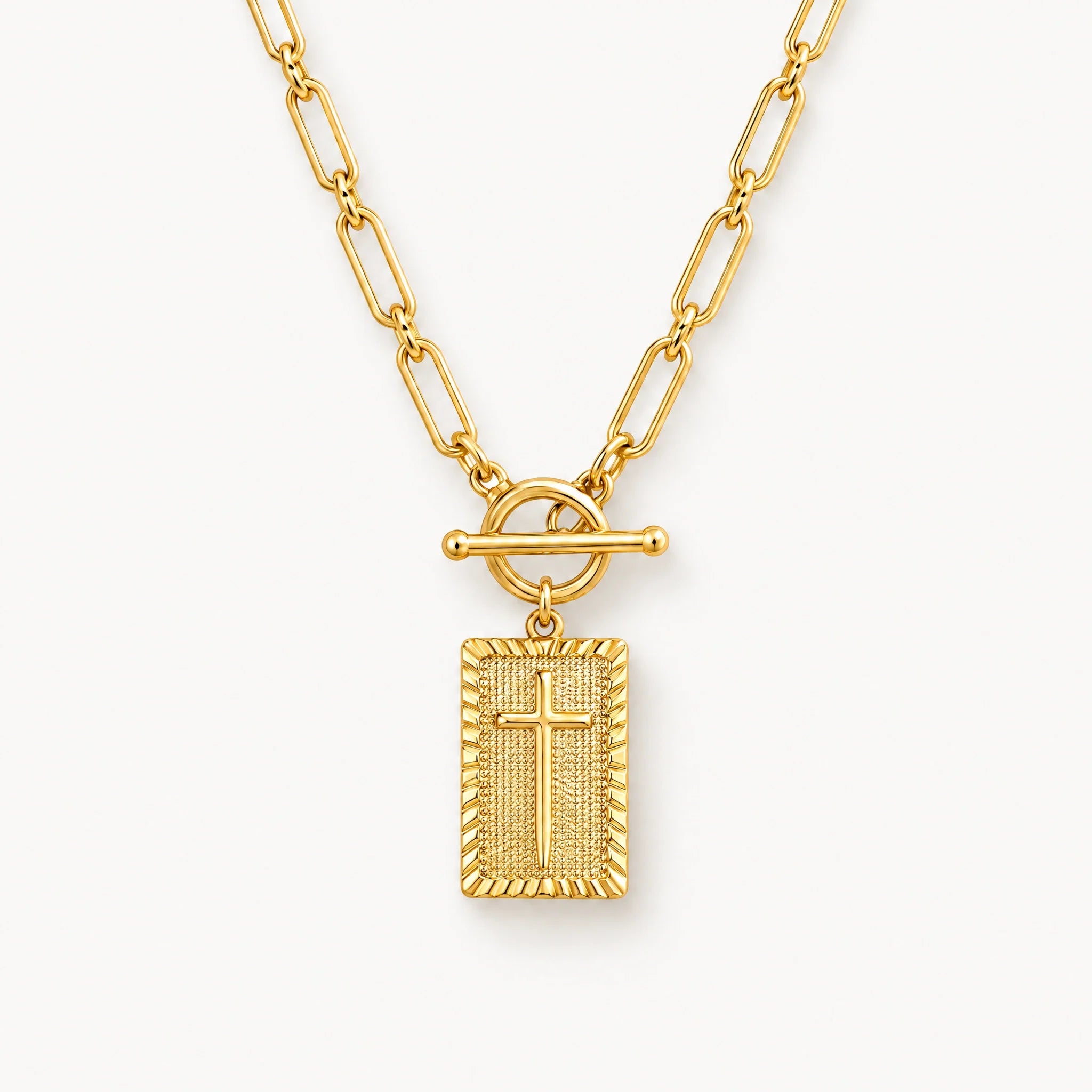 Cross Tag Necklace on Paperclip Chain with Toggle Clasp