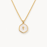 Gold Cross Medallion Necklace with Pearl Tone Center