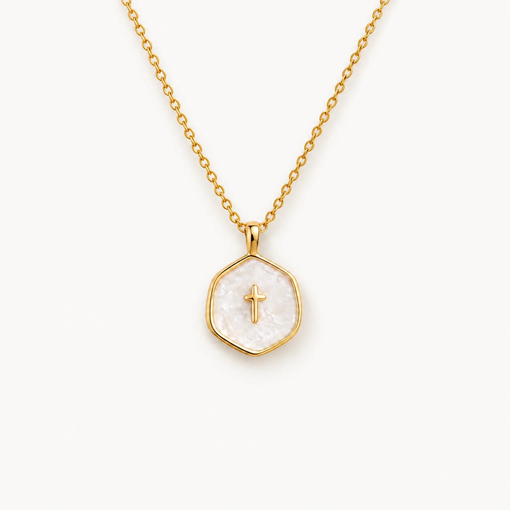 Gold Cross Medallion Necklace with Pearl Tone Center