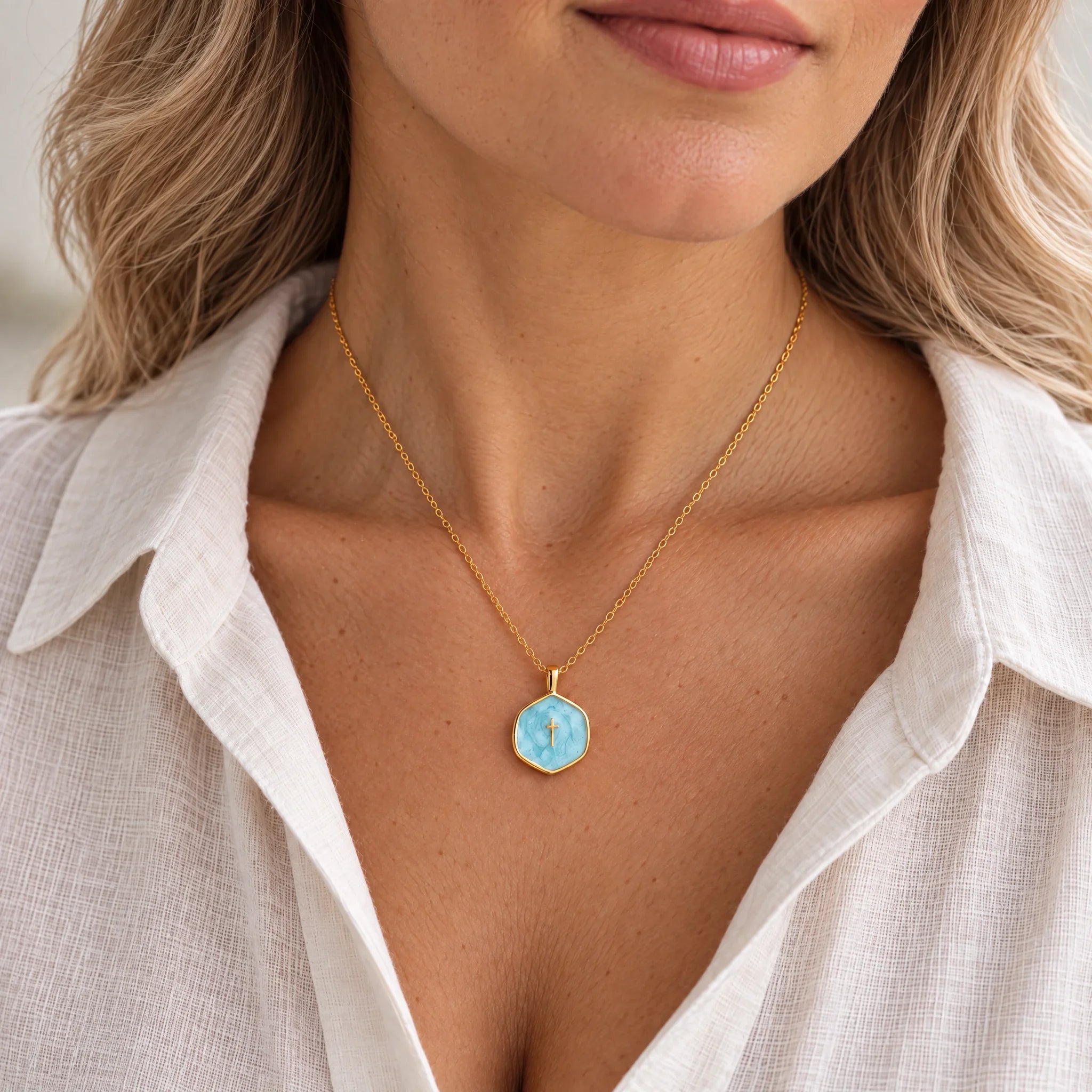 Gold Cross Medallion Necklace with Pearl Tone Center