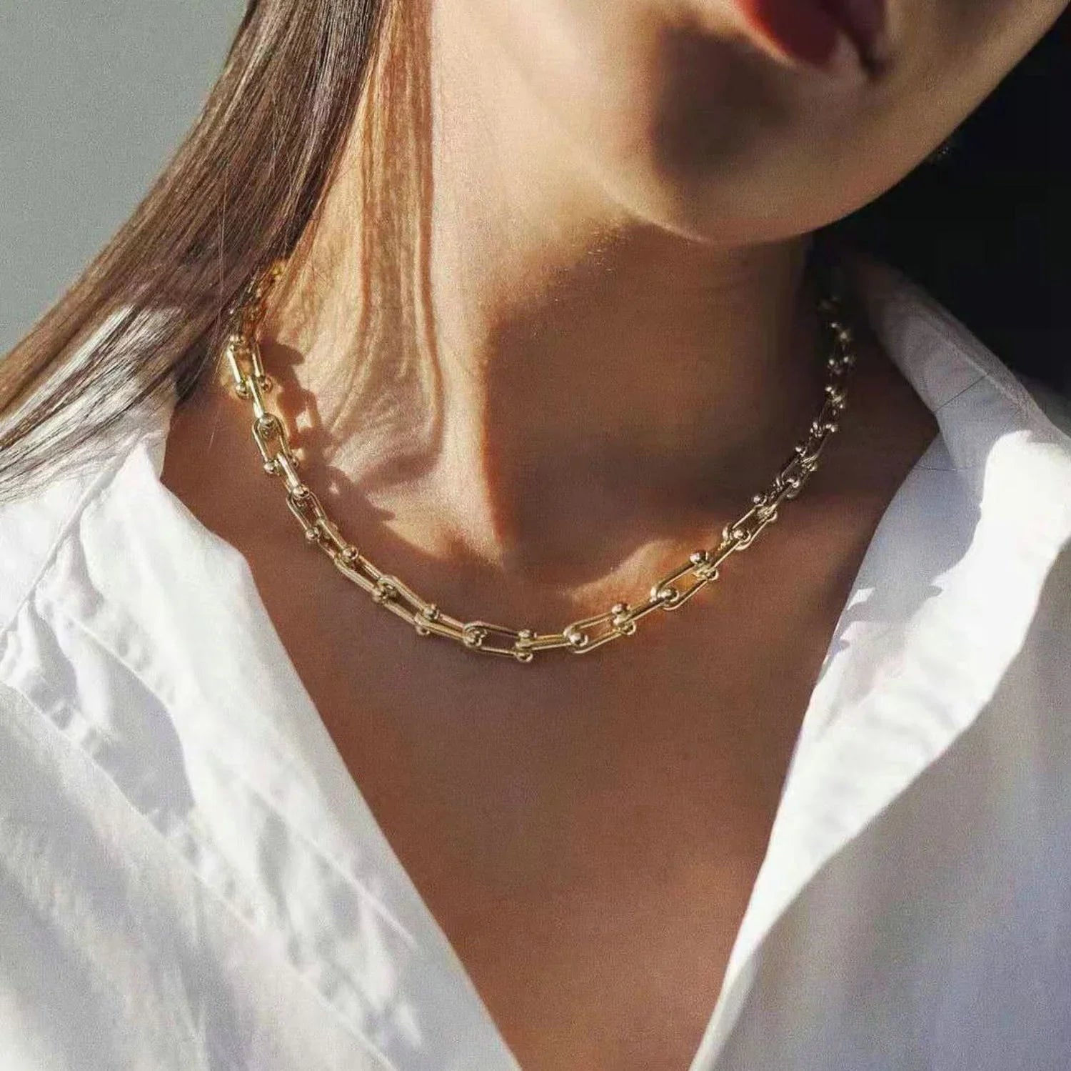 Link chain necklace on model