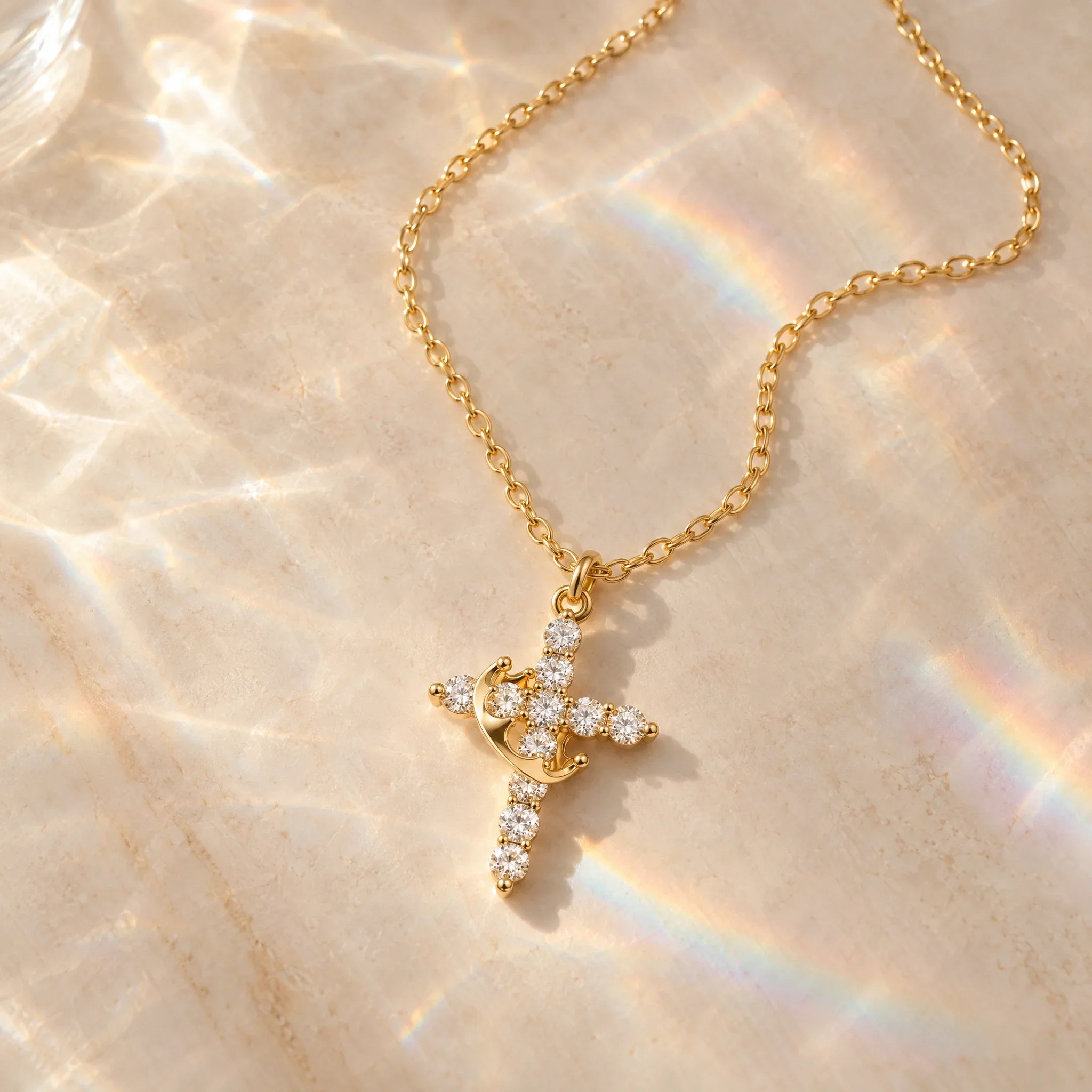 Cross Necklace with Crown Detail and Sparkling CZ Stones
