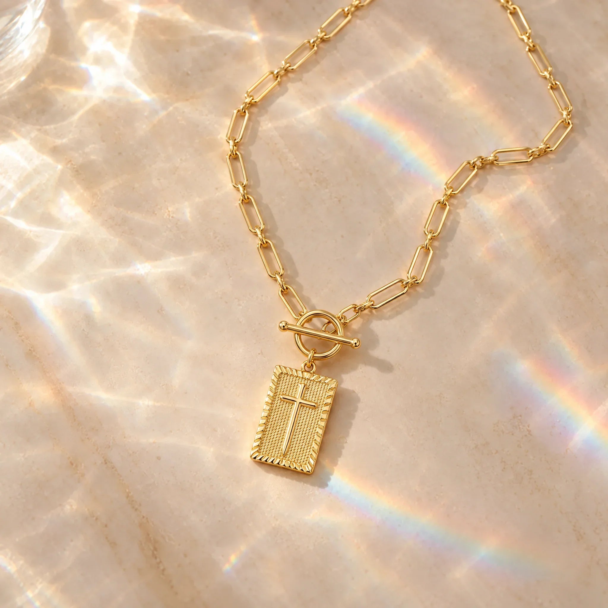 Cross Tag Necklace on Paperclip Chain with Toggle Clasp