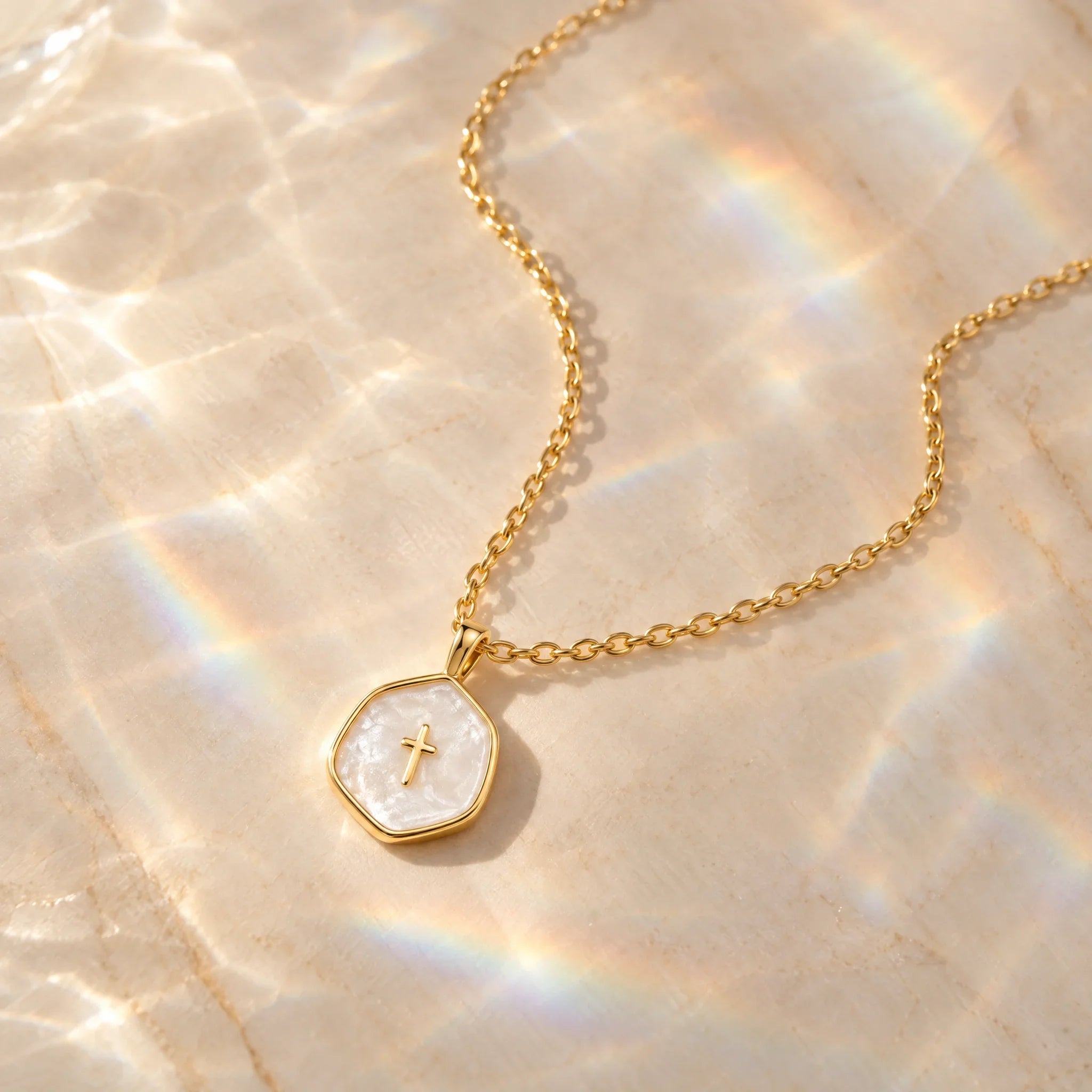 Gold Cross Medallion Necklace with Pearl Tone Center