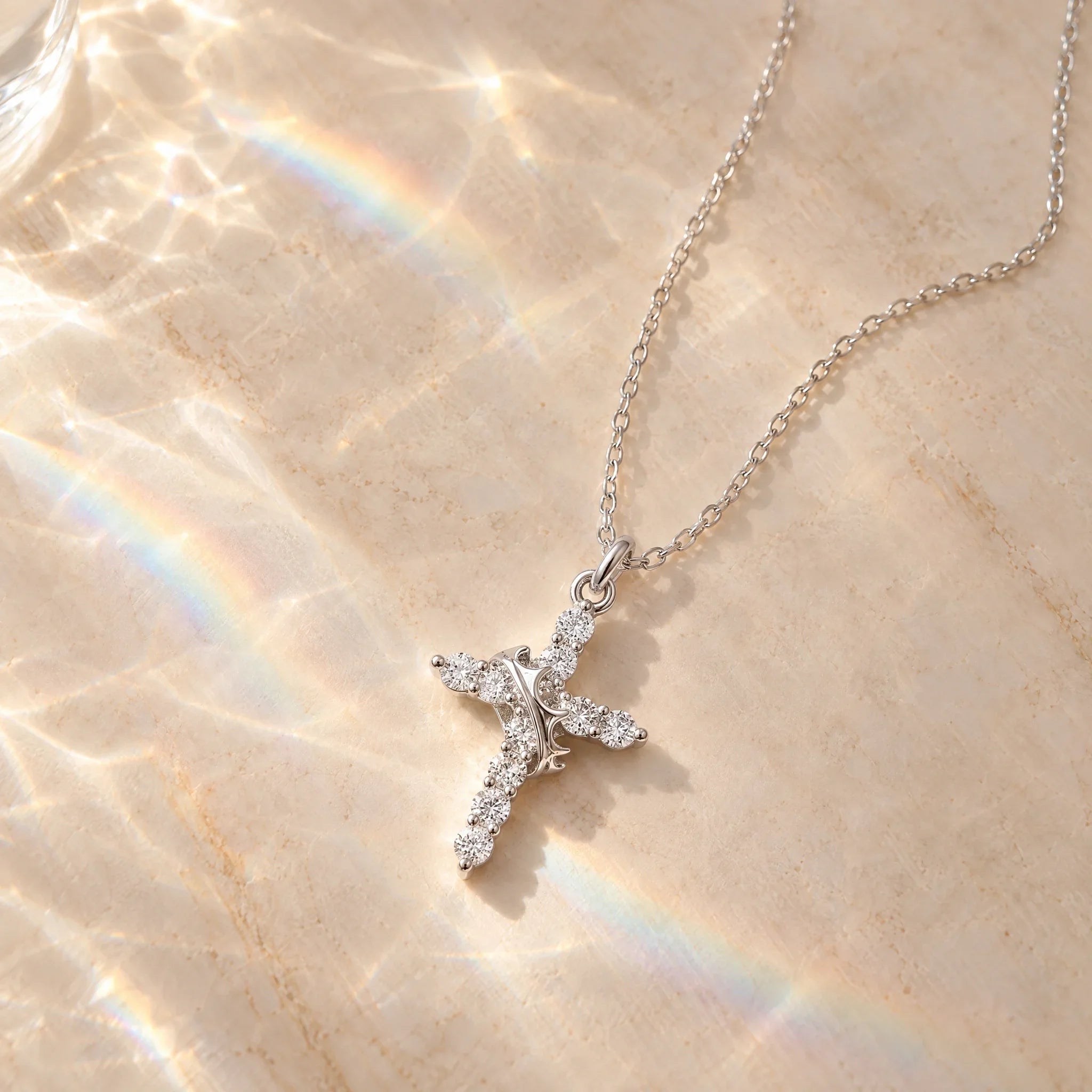 Cross Necklace with Crown Detail and Sparkling CZ Stones