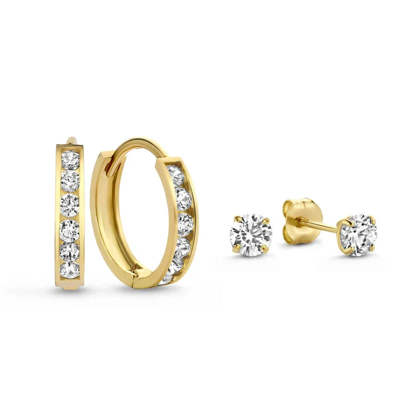 Channel Set Huggie and Solitaire Stud Earring Set