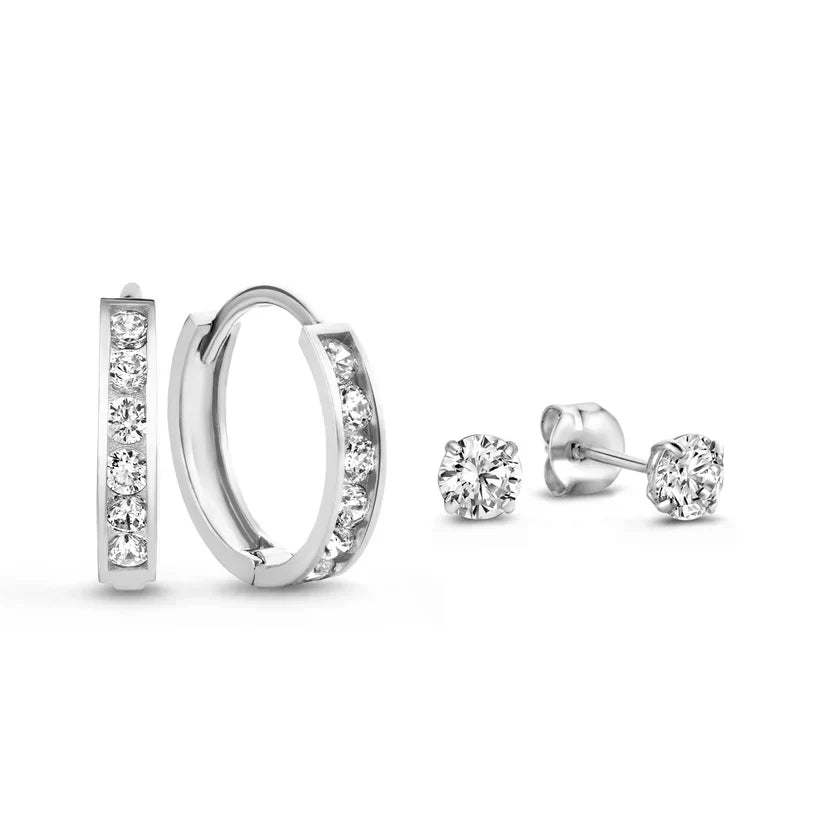 Channel Set Huggie and Solitaire Stud Earring Set