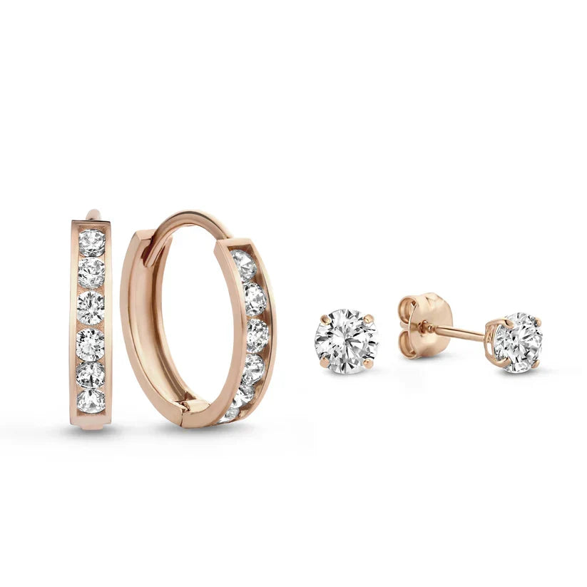 Channel Set Huggie and Solitaire Stud Earring Set