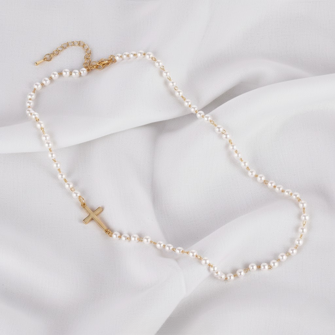 Dainty Pearl Cross Necklace