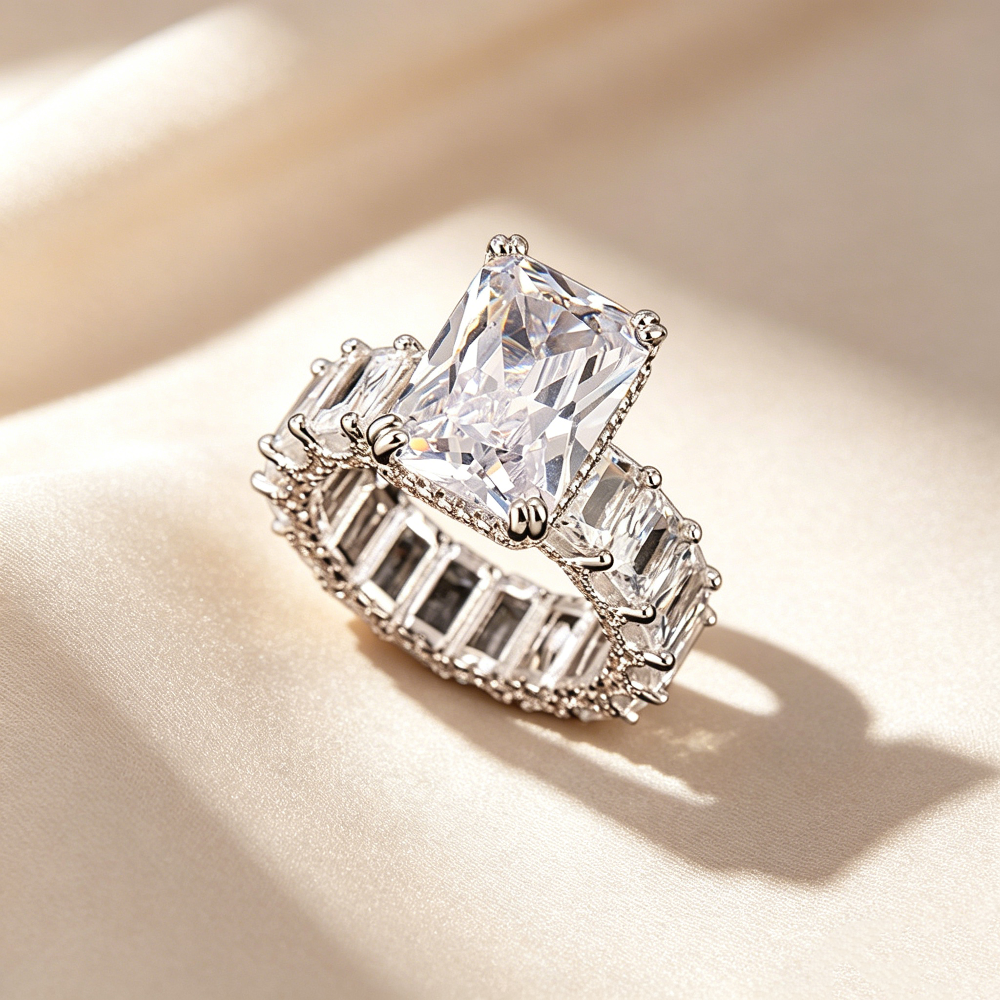 Emerald Cut Moissanite Eternity Engagement Ring