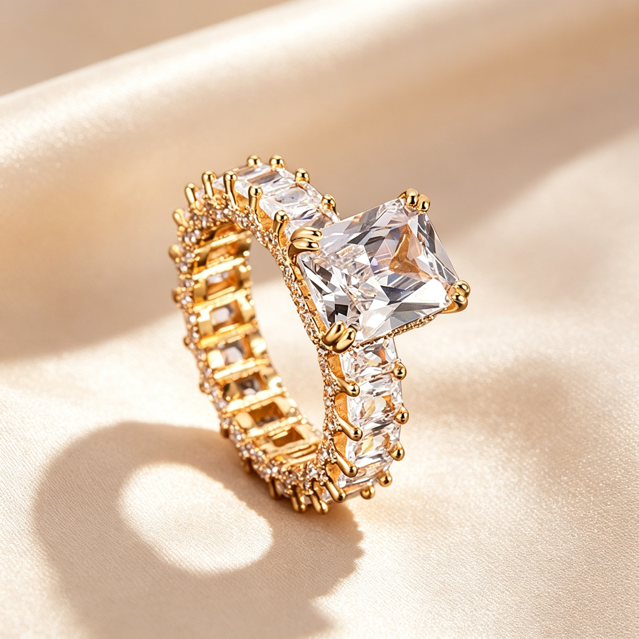 Emerald Cut Moissanite Eternity Engagement Ring