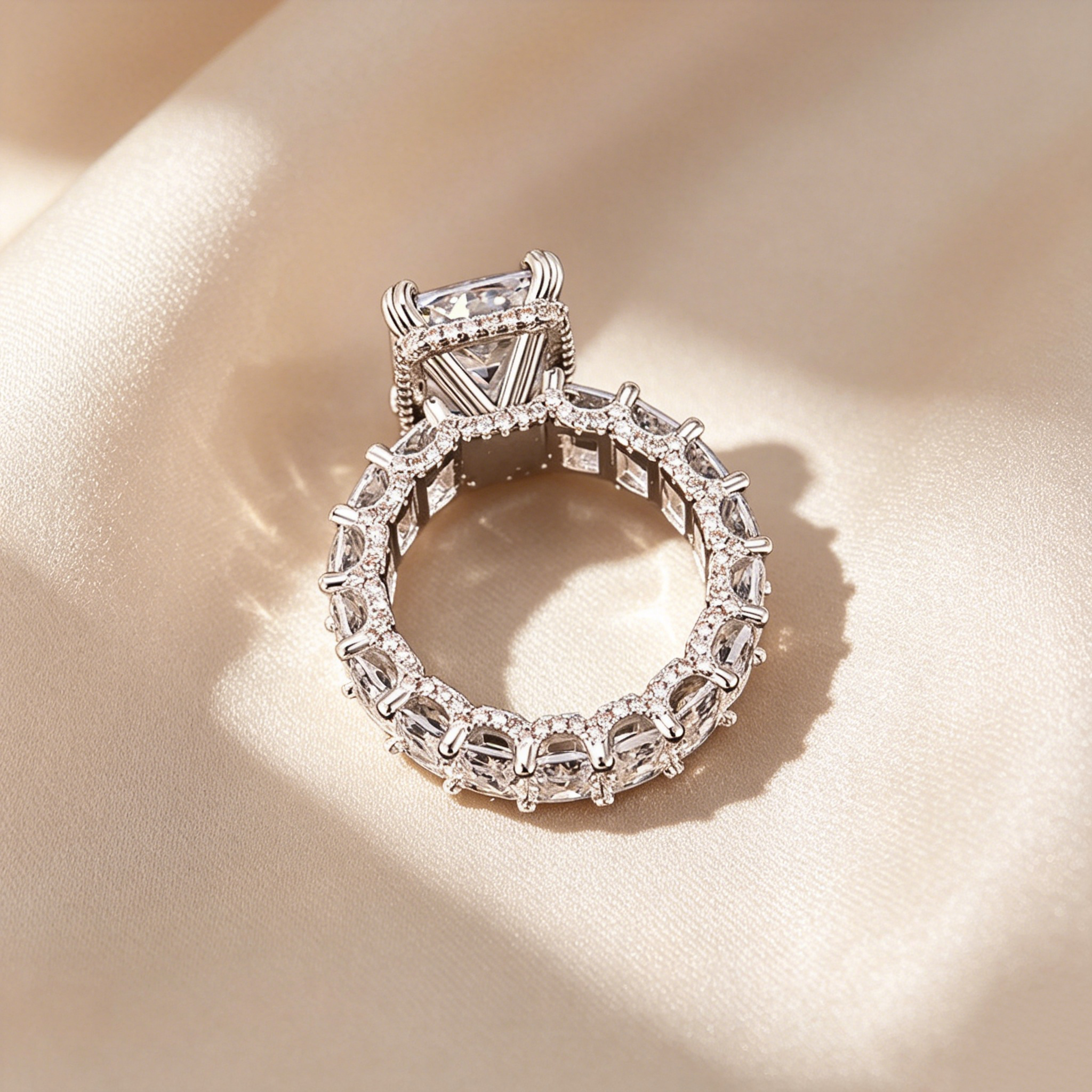 Emerald Cut Moissanite Eternity Engagement Ring