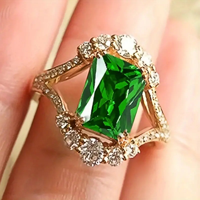 Emerald Green Crystal Halo Ring with Open Shoulders