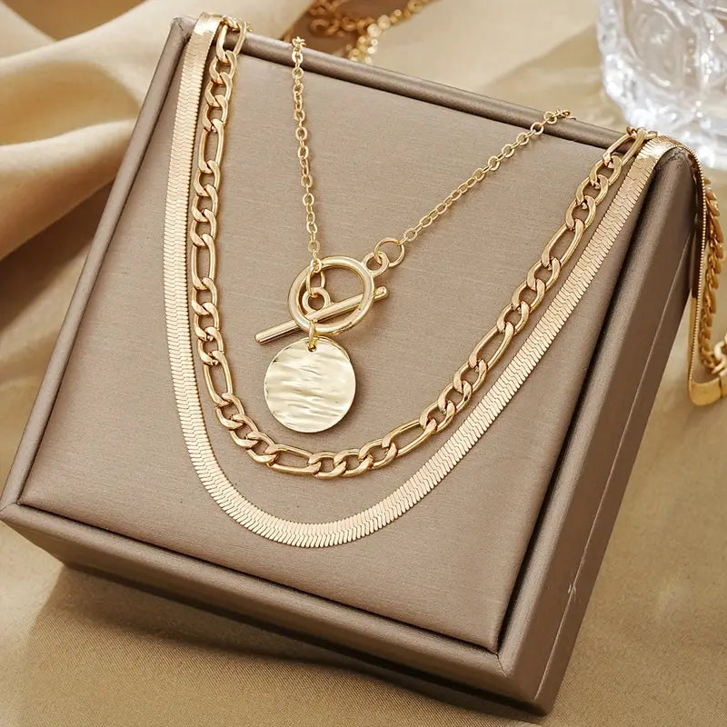Layered Coin Toggle Gold Necklace Set