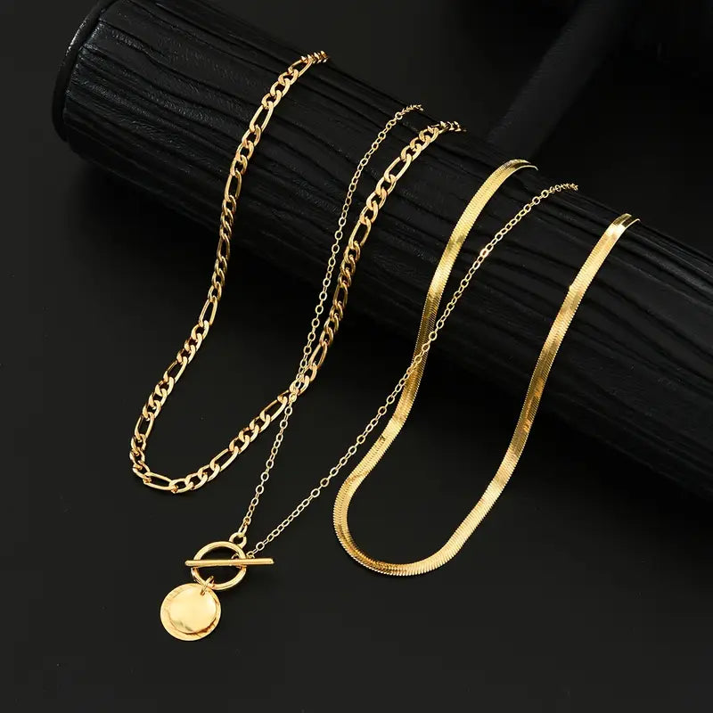 Layered Coin Toggle Gold Necklace Set
