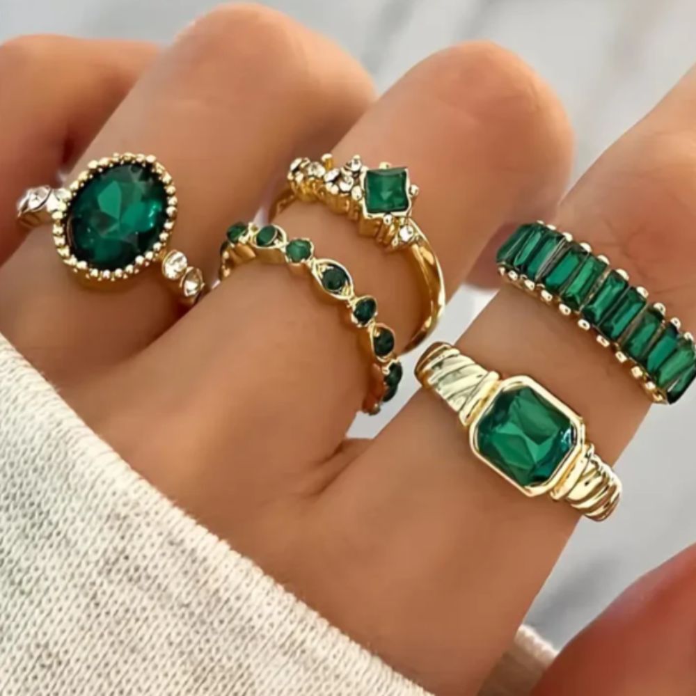 Emerald Cluster Gold Ring Set worn on hand