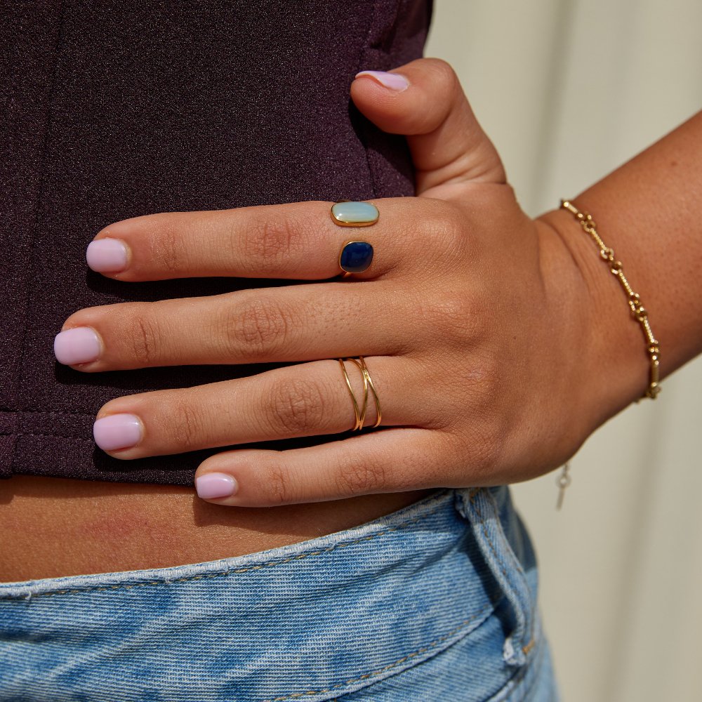 Two Tone Aqua and Black Stone Open Ring