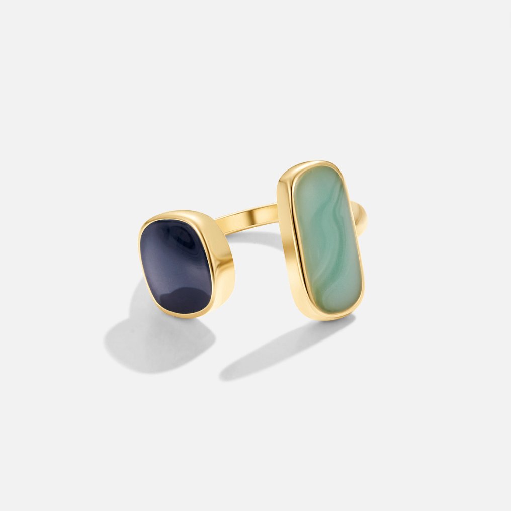 Two Tone Aqua and Black Stone Open Ring