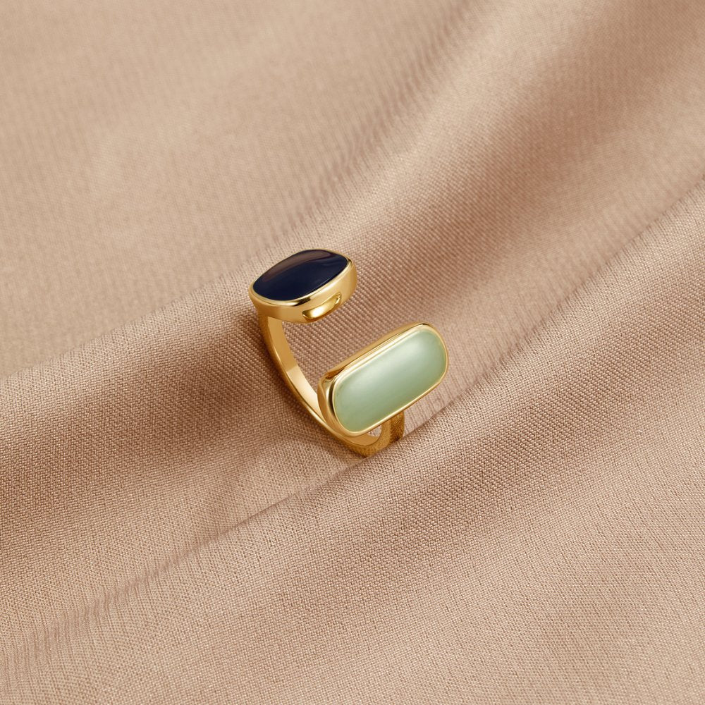 Two Tone Aqua and Black Stone Open Ring